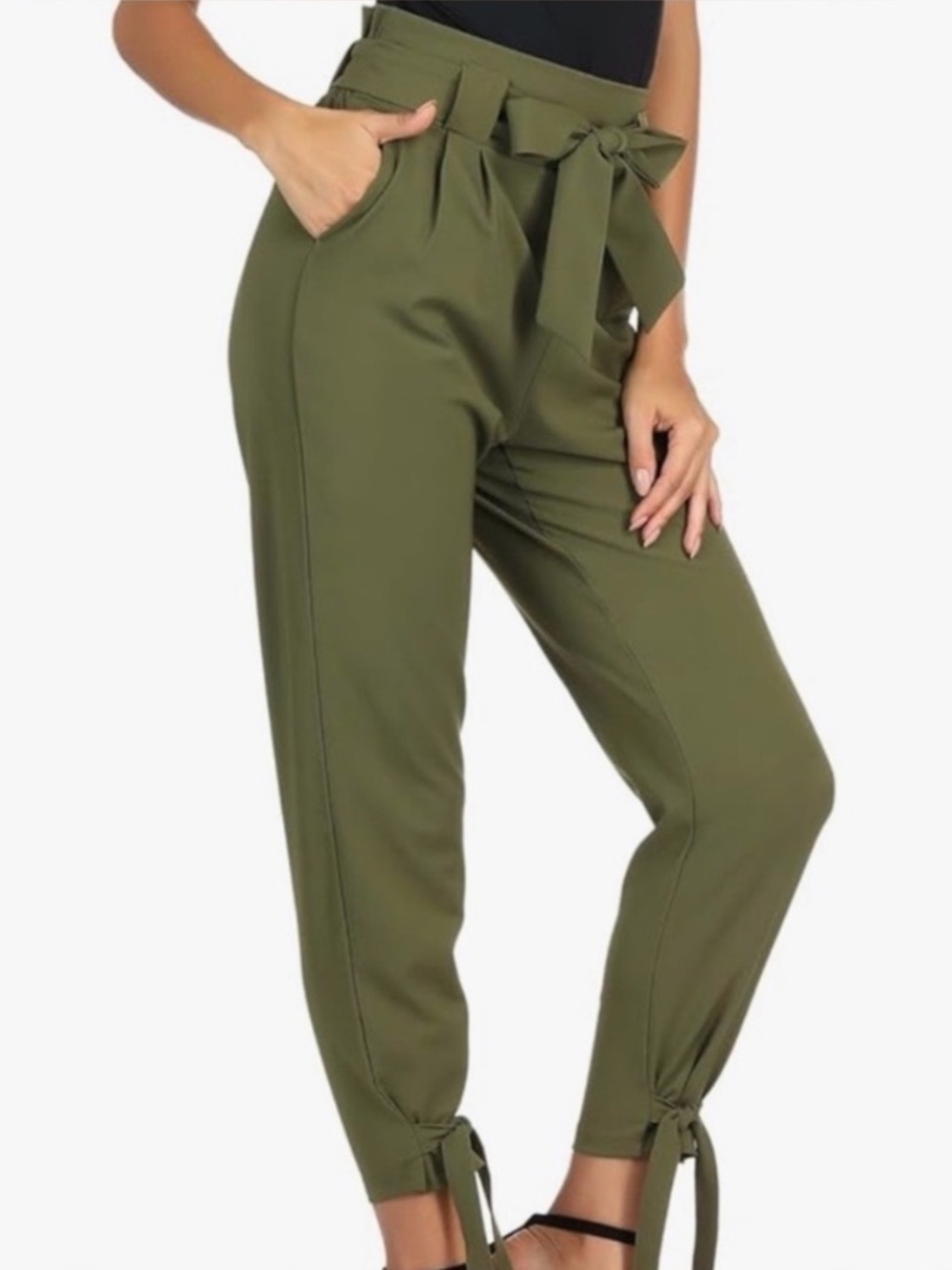 Grace Karin | Women’s Olive Green High-Waist Belted Paper Bag Top Taper Pants S